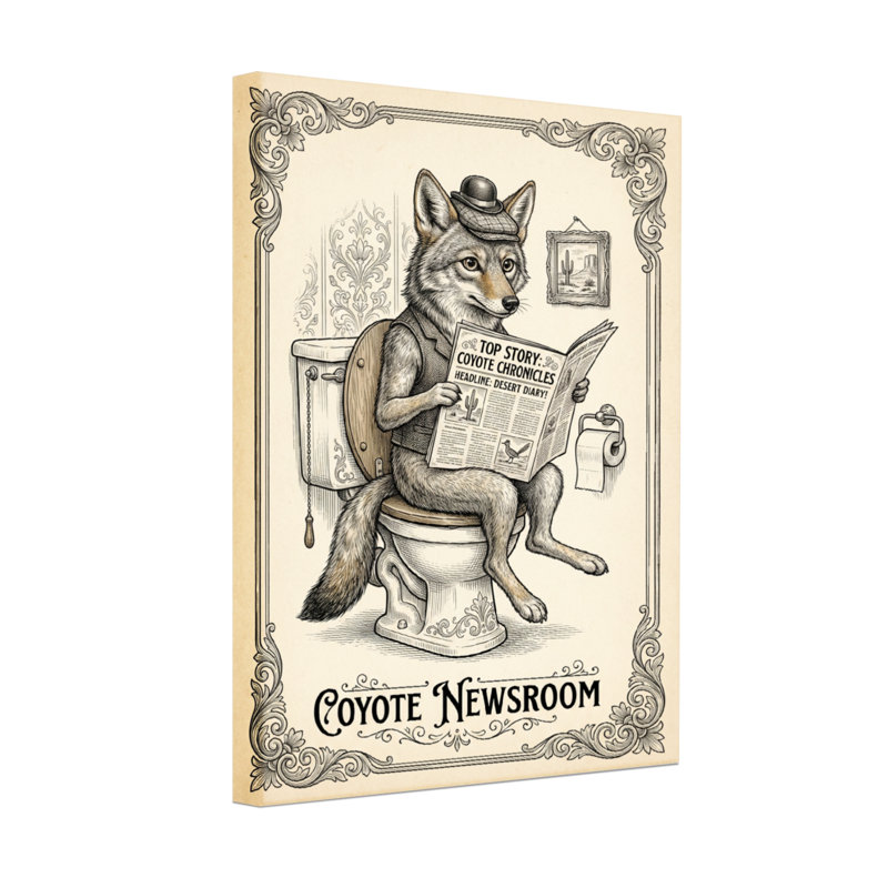 Bath & Laundry Coyote lisant un journal sur une toilette, H 24 po x l 16 po