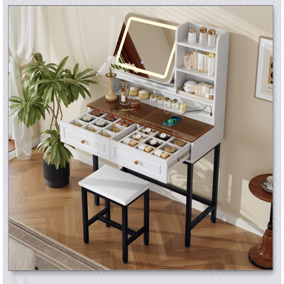 LED Lighted Makeup Vanity with 360° Rotatable Mirror, 2 Drawers, Power Outlet, 3-Tier Shelves, and Sturdy Metal Legs