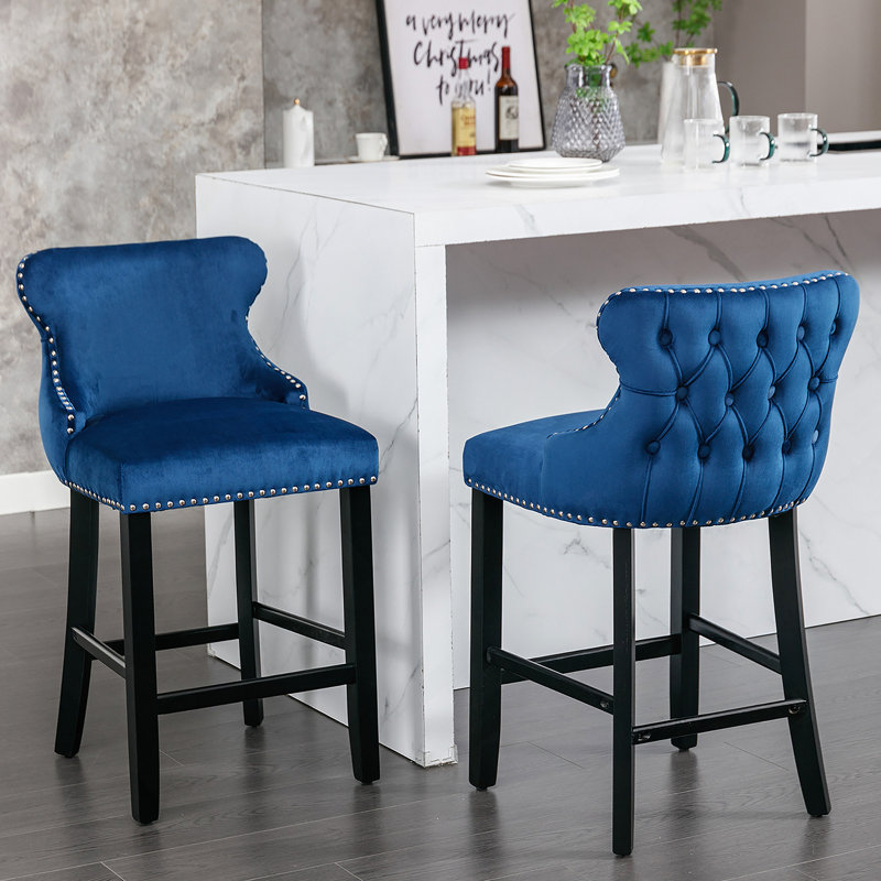 Tabourets de bar rembourrés en velours avec boutons capitonnés