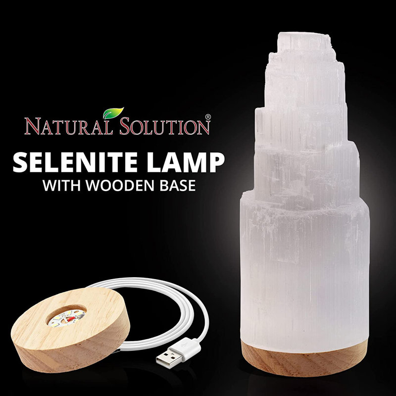 Selenite Crystal Lamp 20cm, with Wooden Base & USB Charging Cable For Healing