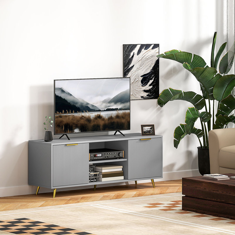 Meuble télé avec 2 tablettes ouvertes et 2 armoires pour téléviseur de 55 po, Gris
