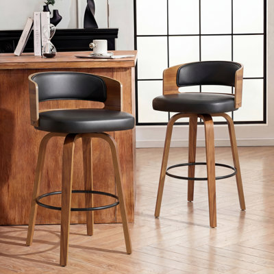  Mid-Century 28.3" Swivel Upholstered Bar Stools With Curved Wood Back Backrest