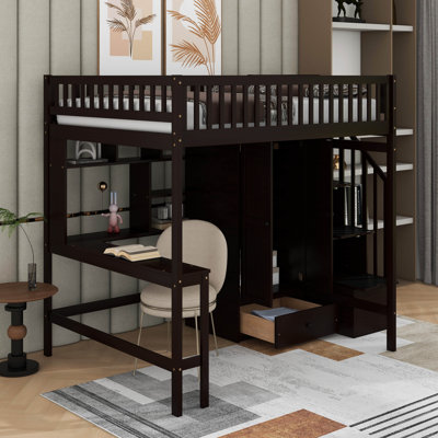 Lit mezzanine double avec bibliothèque, tiroirs, bureau et garde-robe