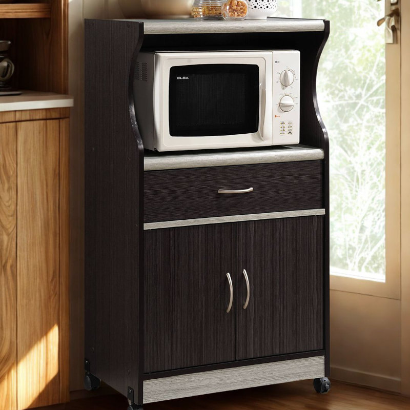 Rolling Kitchen Cart with  Microwave Shelf, Utensil Drawer, Interior Cabinet Storage Space and Locking Wheels, Chocolate