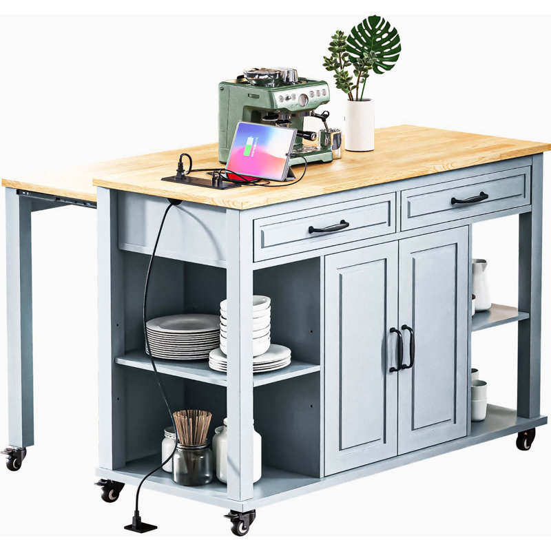 Expandable Dining Integrated Rolling Kitchen Island Cart, Rubber Wood Veneer Countertop with Inner Storage Rack and Built-In Power Outlet, Two Drawers and Dual Closed Storage Cabinets for Kitchen Organization