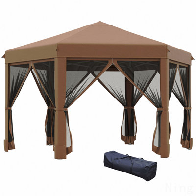 13X11FT Hexagonal Pop Up Gazebo, For Outdoor Use With Adjustable Height & Steel Frame (Brown)