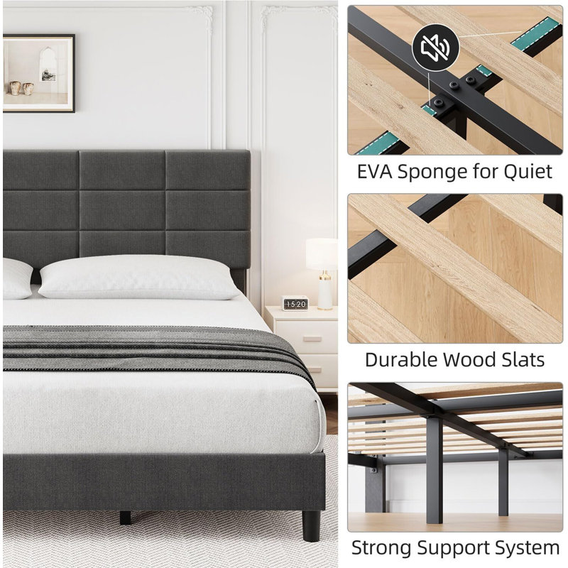 Bed Frame With Headboard, Sturdy Metal Frame With Solid Wooden Slats Support, King