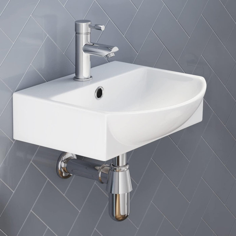iBathUK Clario Modern Wall Hung Curved Counter Top Ceramic Wash Basin Sink, Contemporary Bathroom Basin Unit with Sleek Design