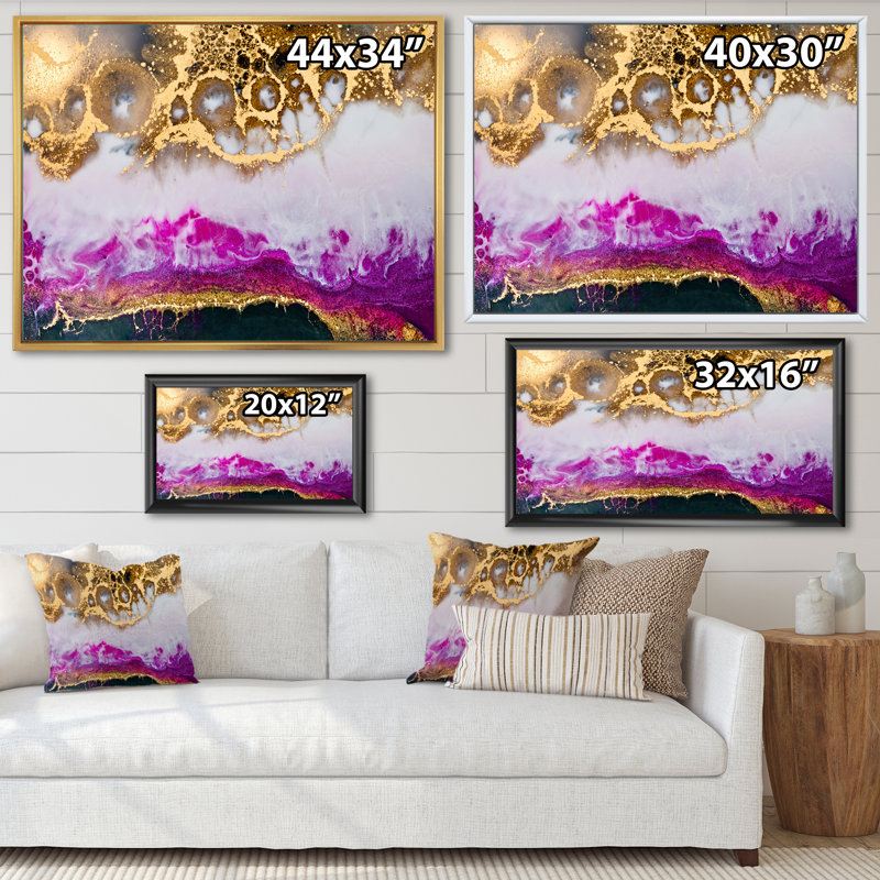 Résine époxy or blanc et fuchia - peinture sur toile, H 16 po x l 32 po, Toile à cadre flottant blanc