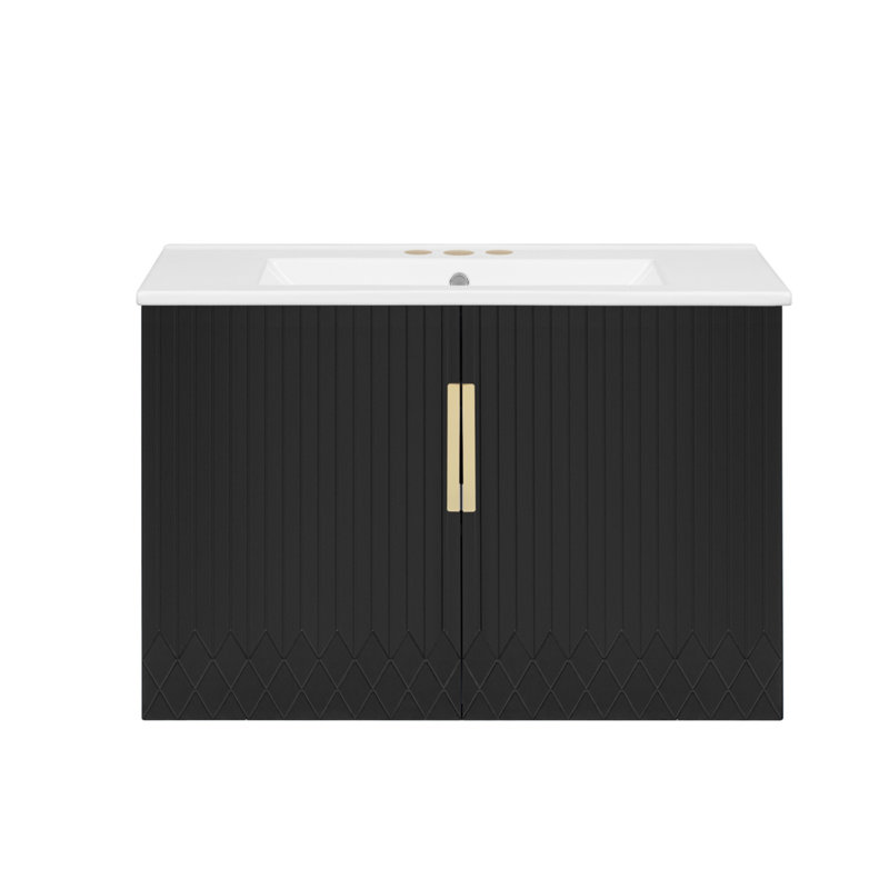 Ensemble de meuble-lavabo autoportant de 60 pouces avec lavabo en céramique, comprenant un lavabo simple en céramique à 3 trous et des portes à fermeture en douceur, noir