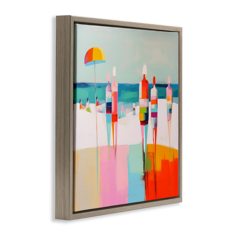 "Bold Modern Beachgoers", art mural encadré par Alonzo Saunders, Cadre flottant orme Montalcino, H 25 po x l 25 po
