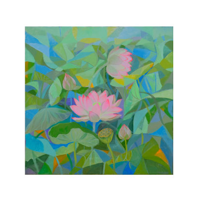 Acrylic Beautiful Lotus Pond Painting on Canvas by Sumita Maity - Serene Spiritual Wall Art, Tranquil Aquatic Zen Decor