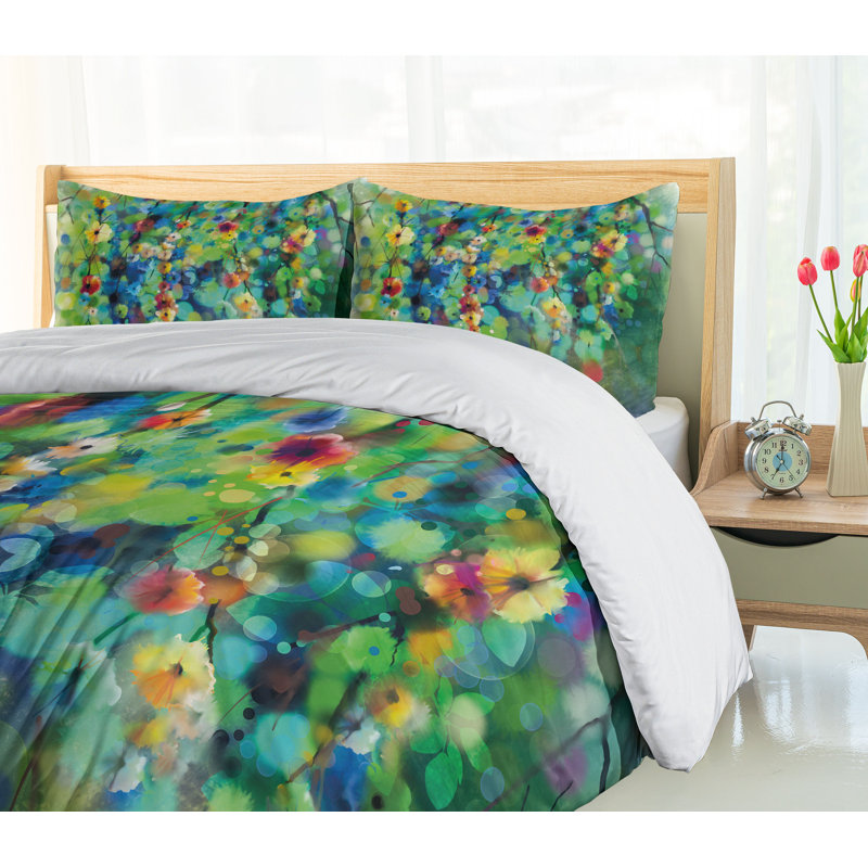 Vibrant Green Blue Floral Microfiber Queen Duvet Cover Set