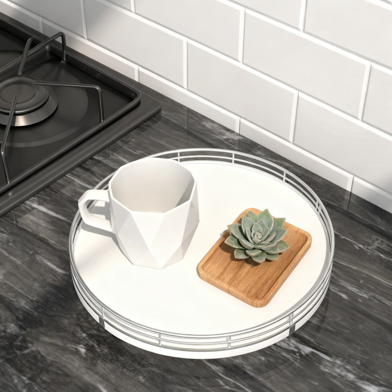 Rotating Wood Tray With Metal Frame, Multi-Purpose Organizer For Bathroom Vanity, Dresser, Kitchen Countertop, And Coffee Table Decor