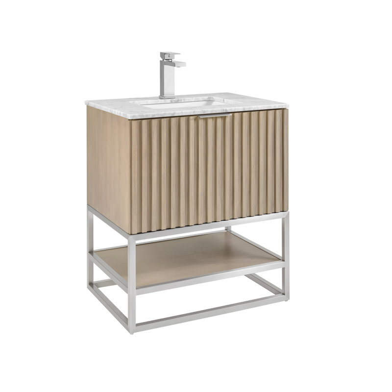 Terra 30'' Single Bathroom Vanity with Top, Walnut, Carrara Marble/Single Faucet Mount, Brushed Nickel