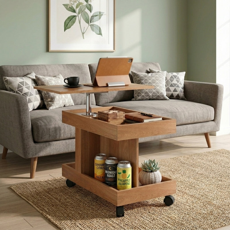 Table d'appoint mobile pivotante à 360° avec roulettes verrouillables et compartiment de rangement dissimulé, table basse et de chevet multifonctionnelle pour salon et chambre.