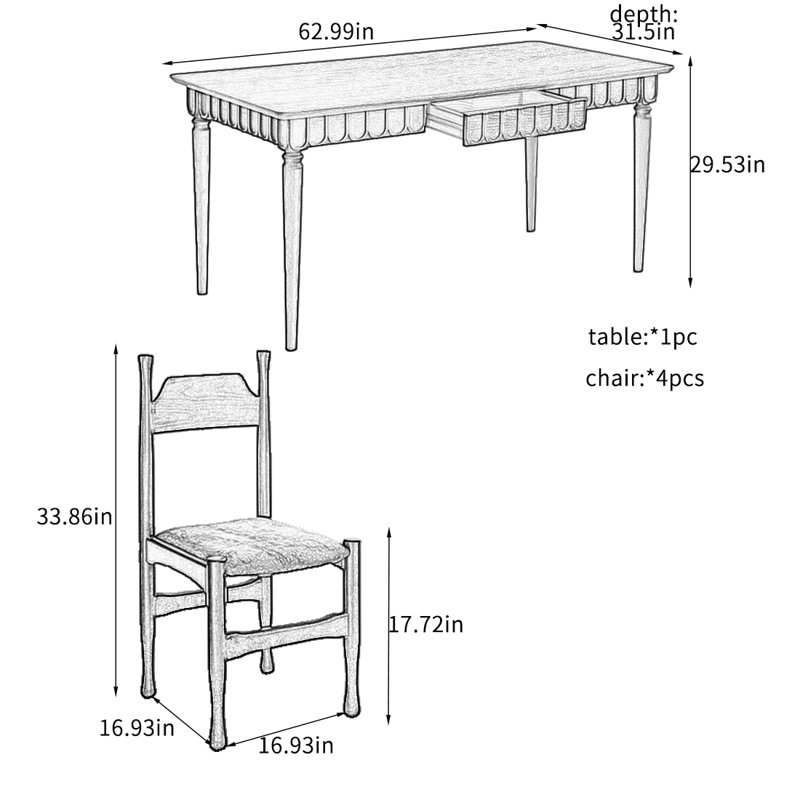 Ensemble de table de salle à manger rétro Vintage, H 29,53 po x L 62,99 po x l 31,5 po