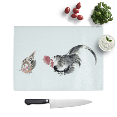 Tempered Glass Rooster and Chicken by Katsushika Hokusai Chopping Board