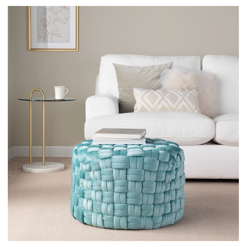 Pouf rond tressé de 61 cm en velours bleu glacier - Repose-pieds et siège d'appoint contemporain, Bleu