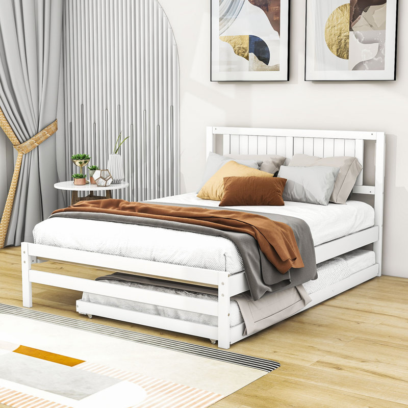Trentin Full Size Wooden Platform Bed with Adjustable Trundle, White