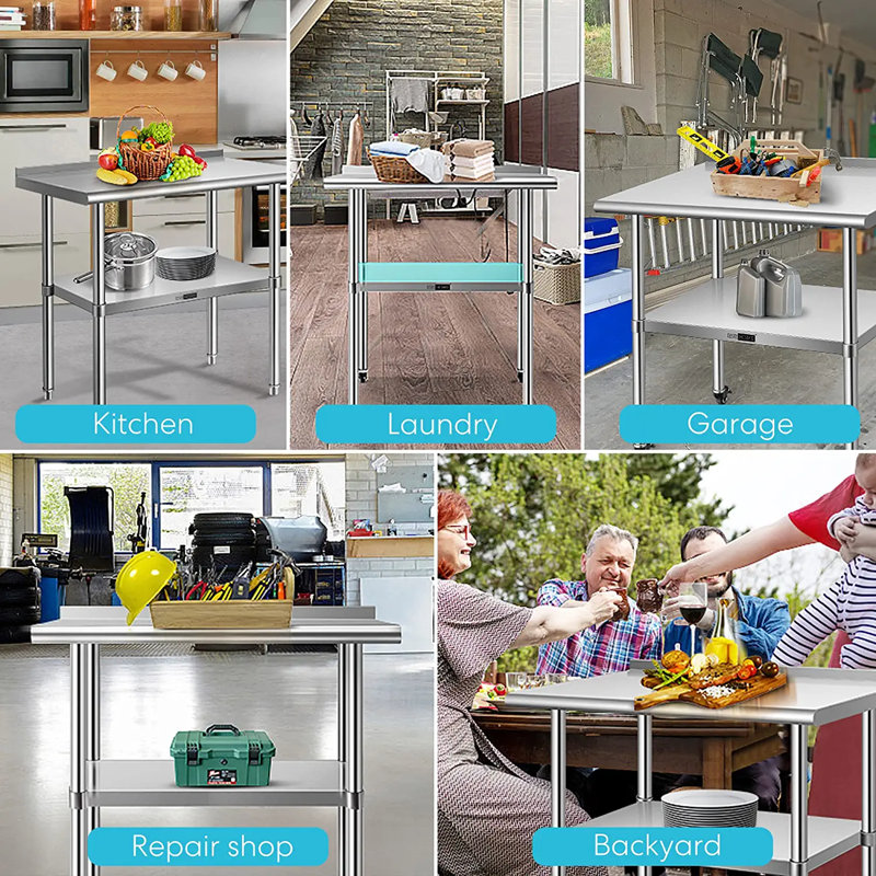 Table de travail en acier inoxydable avec dosseret et roues, H 24 po x l 29,2 po x P 28 po