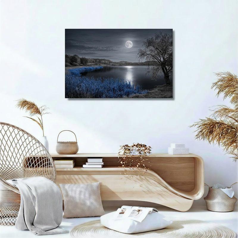 Ensemble de 1 tableau sur toile « Lac au clair de lune », H 36 po x l 48 po, Toile tendue