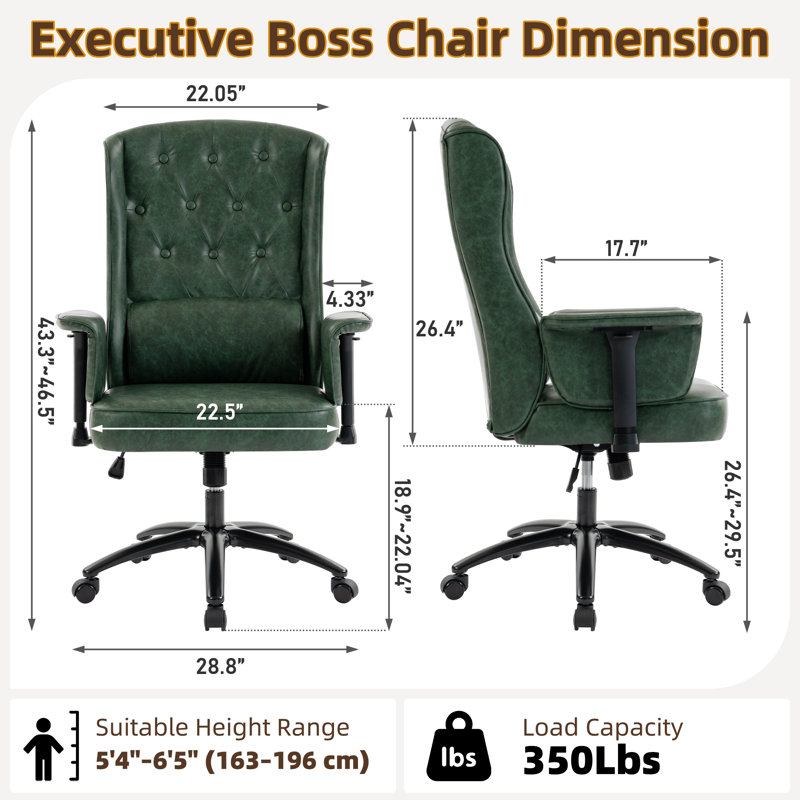 Fauteuil de direction traditionnel en similicuir de 46,5 po de hauteur avec accoudoirs réglables et dossier capitonné, Vert