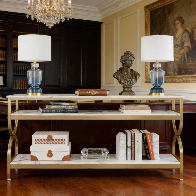 Faux Marble Sofa Table,3-Tier Bedside Table,Console Table,Foyer Table