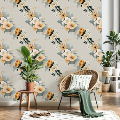 Peel and Stick Wallpaper Elegant Floral Arrangement Soft Yellow White Flowers Subtle Gray Contact Paper Removable Self Adhesive Wall Mural Wall Decor for Bedroom Kitchen Cabinets 24in x 118in