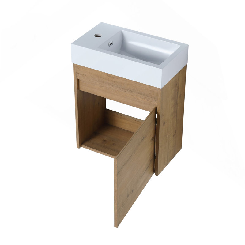 Meuble-lavabo mural 18 po avec lavabo en résine blanche et porte d'armoire à fermeture en douceur 18 po, Brown
