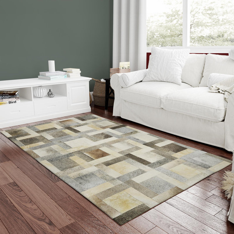 Tapis beige et gris en cuir de vache, tapis de salon, Rectangle 8 pi 9 po x 12 pi