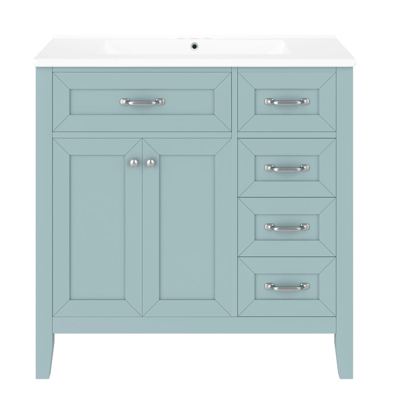 Meuble-lavabo de salle de bain avec rangement - 36 po en bois massif et tiroirs d'armoire, Vert