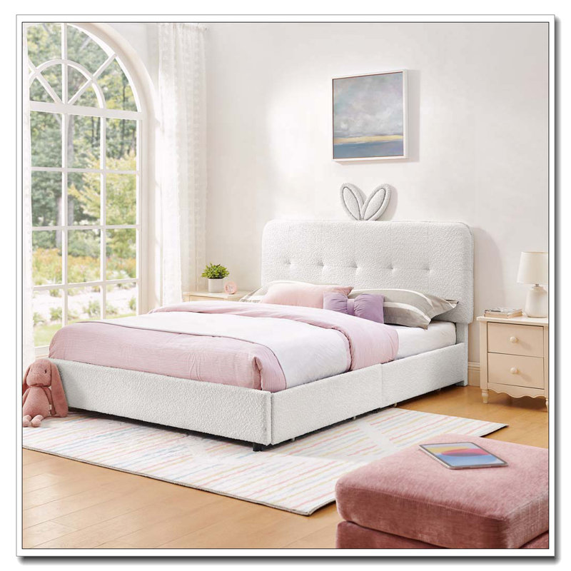 Lit tapissier avec tête de lit surdimensionnée, lumière DEL et 4 tiroirs de rangement, Beige, Grand lit