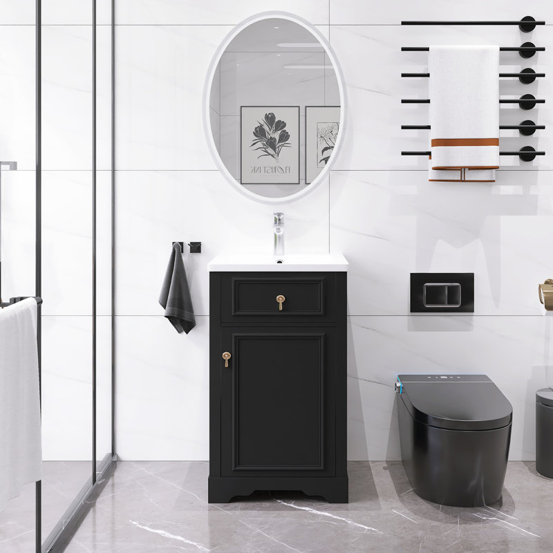 Petit meuble-lavabo autoportant moderne 20 "avec lavabo en céramique, Noir, Doré