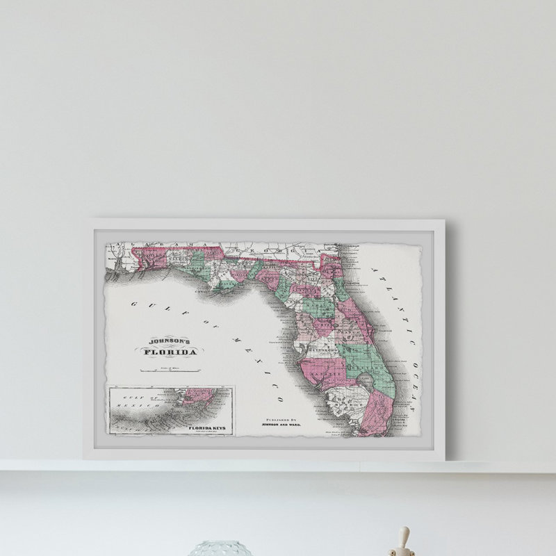 «Old Florida Map», reproduction d'art graphique sur papier encadré, H 30 po x l 45 po x 1,5 po