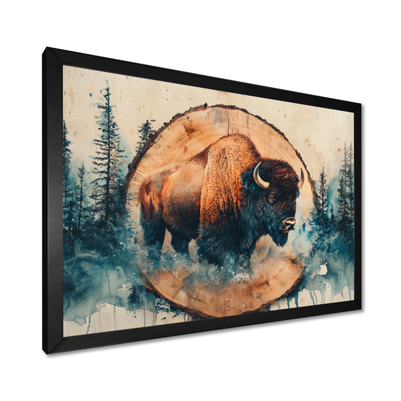 Marcison Bison In Wood Slide Forest Landscape - Bison Wall Art, Cadre simple, Noir, H 12 po x l 20 po