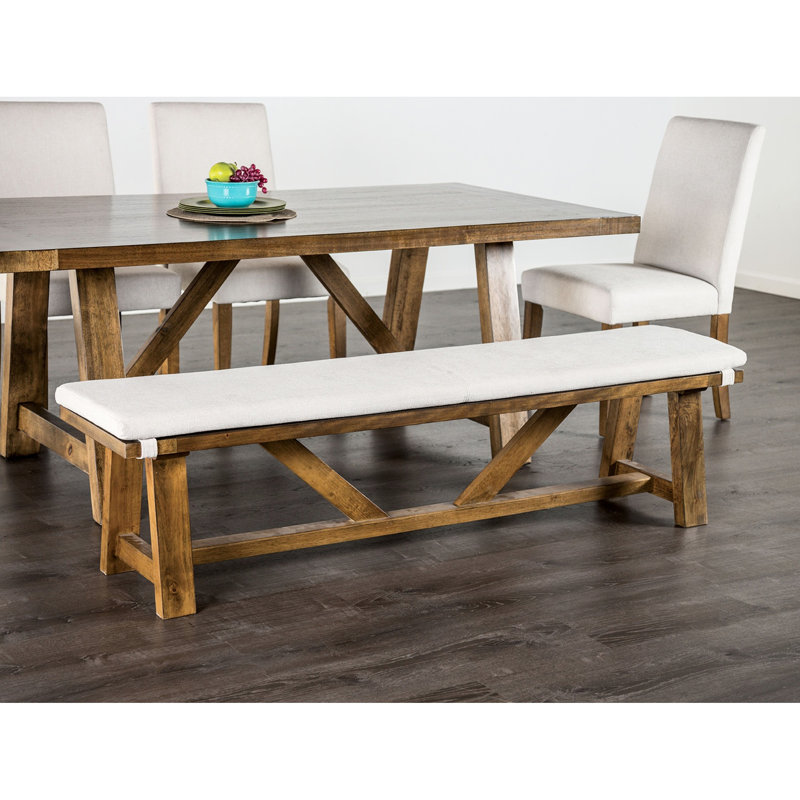 Banc rembourré rustique avec siège brun, structure blanche, base à tréteaux, P 15,5 po x H 16,5 po pour salle à manger et banc, coussin en tissu, article