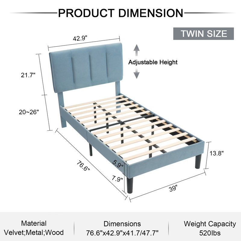 Structure de lit simple Auxter avec tête de lit réglable, cadre de lit plateforme en tissu d'ameublement en velours avec tête de lit capitonnée à rainures verticales, support à lattes en bois, sommier entièrement rembourré, sans sommier tapissier