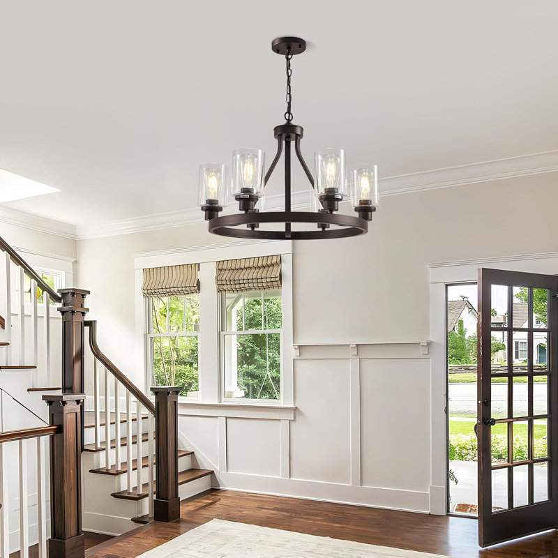 Lustre de style maison de campagne avec hauteur réglable, plafonnier rond à 6 lumières, finition bronze huilé, globes en verre, base E26, convient à la salle à manger, à la cuisine et plus encore