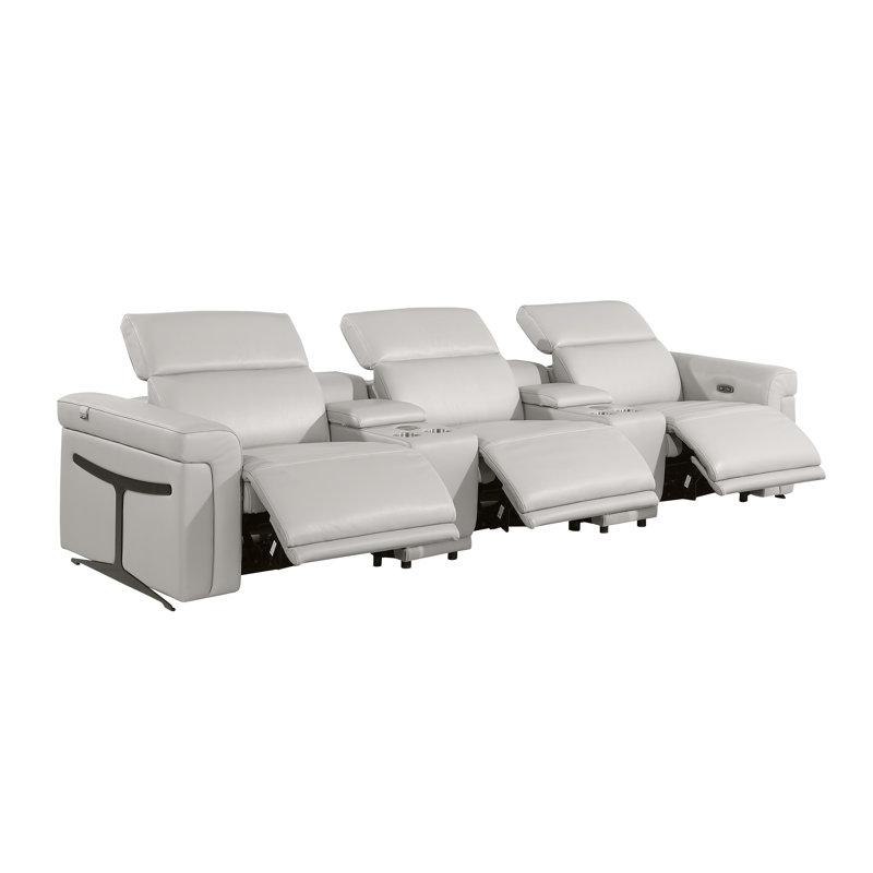 5-Piece 3-Power Reclining Italian Leather Sofa With Power Headrest, Light Gray