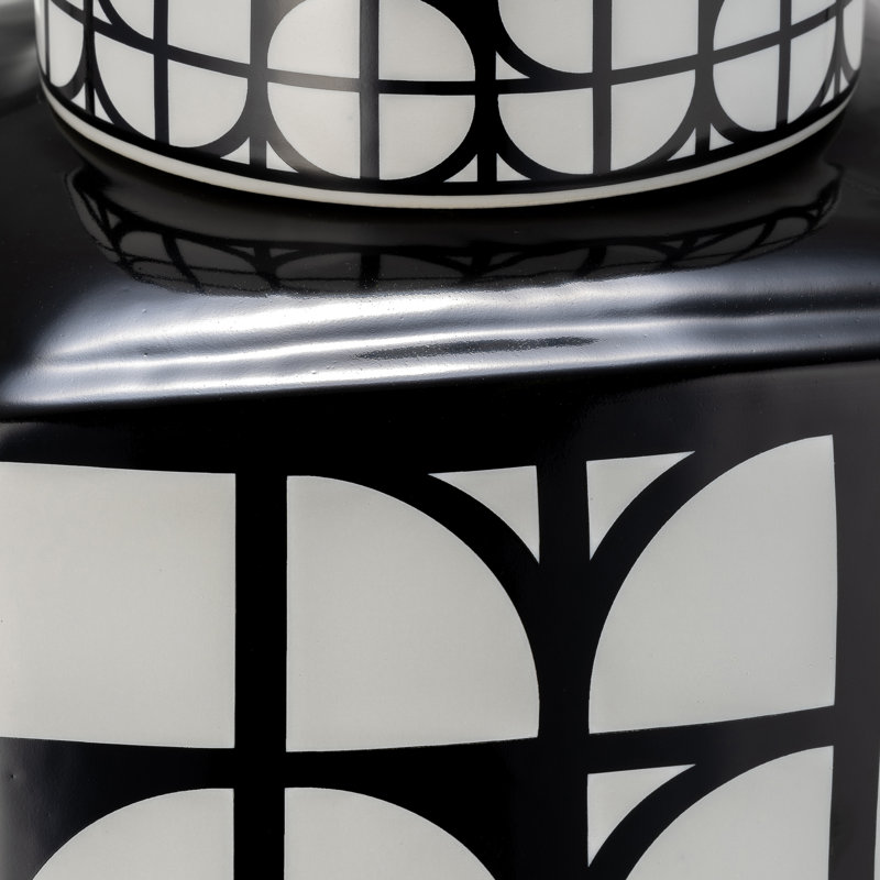 Pot de table géométrique en céramique avec couvercle pour la décoration intérieure, H 18 po x l 9 po x P 9 po, Noir / blanc
