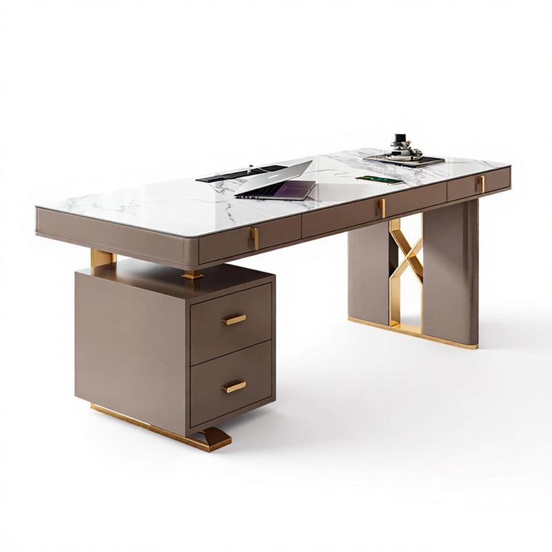 Bureau 70,87 po rectangulaire en pierre frittée, 5 tiroirs en bois massif, H 29,63 po x l 70,87 po x P 27,56 po