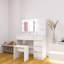 Meuble-lavabo moderne avec miroir, 3 présentoirs lumineux, 4 tiroirs, un grand espace de rangement, une station de recharge blanche, 2 ports, des tablettes spacieuses