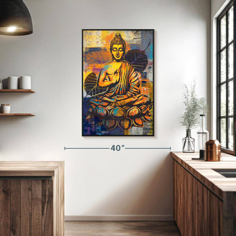 Bouddha assis en forme de lotus, Cadre flottant noir, 27 po x 40 po