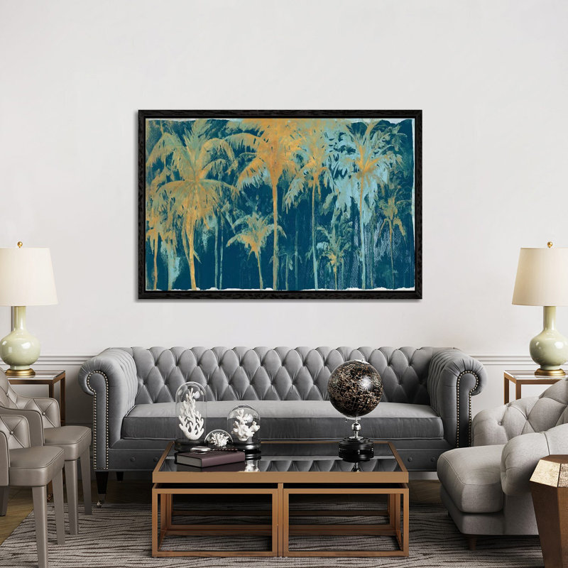 Teal And Gold Palms by Patricia Pinto - Floater Frame Gallery-Wrapped Canvas Giclée on Canvas, 152.5 cm H x 101.5 cm W, Black