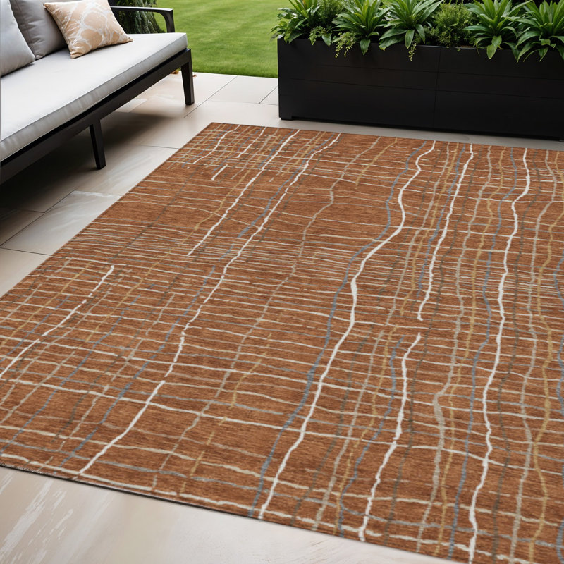 Tapis intérieur lavable rayé brun cuivre et gris 5 pi x 8 pi