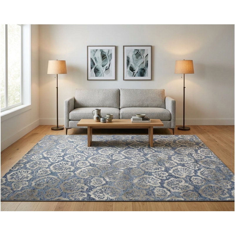 Tapis bleu denim moderne touffeté à la main avec motif floral botanique, Rectangle 9 pi x 12 pi