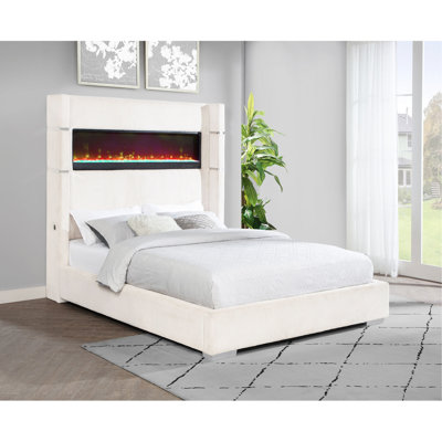 Queen Bed With Cream Upholstered Design, 16 - Color Flame Visualizer, Remote Controlled, Bedroom Aesthetics Wingback Bed, Effects, Solid Wood Frame, Style