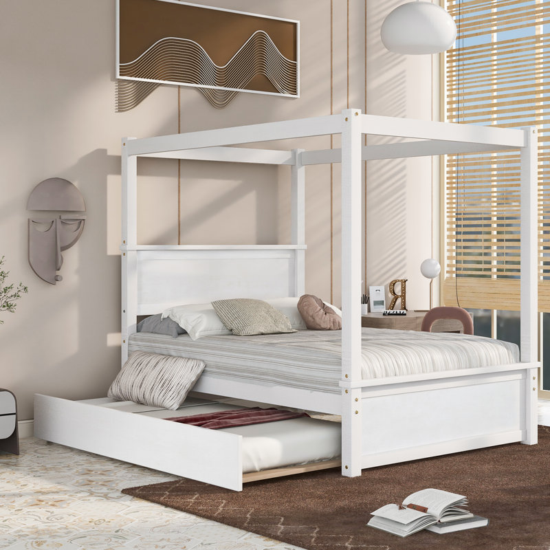 Wood Canopy Bed With Trundle Bed , Brushed White