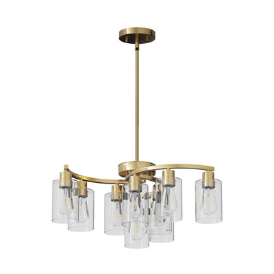 9-Light Modern Gold Chandelier with Clear Glass Shades - Adjustable Height Contemporary Dining Room Light Fixture for Kitchen Island & Living Room
